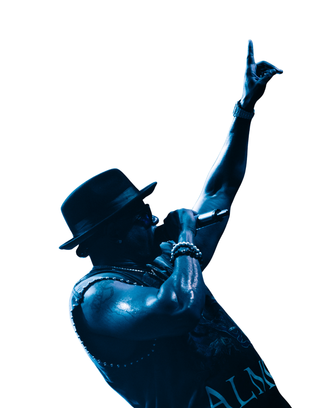 Performer photographed on stage, cut out of the background